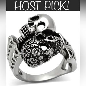 🔥 SALE!🔥UNISEX SKULL RING ☠️ 2 CROSSING SKULLS Stainless Steel Silver RING